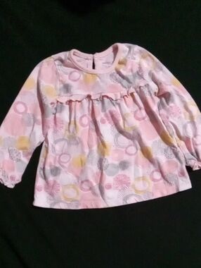 Girls' Pink Long Sleeve Ruffle Yoke Top with Floral & Circle Print